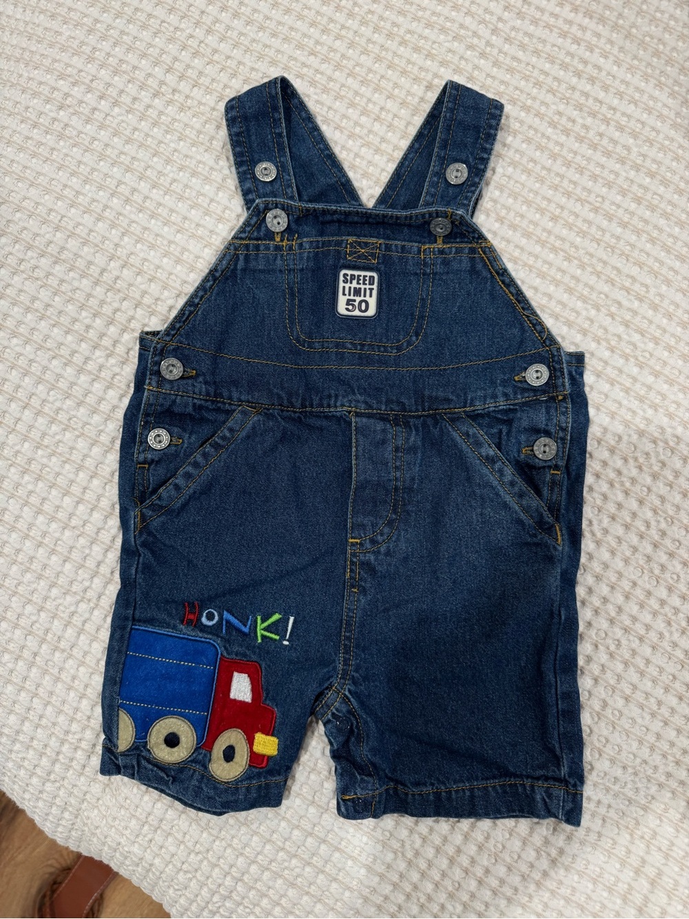 Children's Dark Blue Denim Short Overalls with Truck Patch